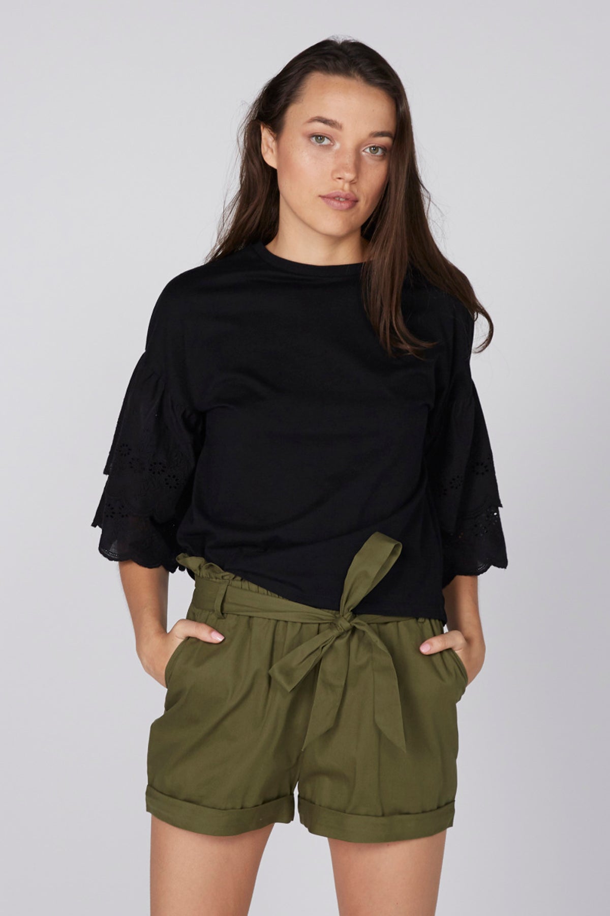 Round Neck Top with Layered Schiffli Sleeves