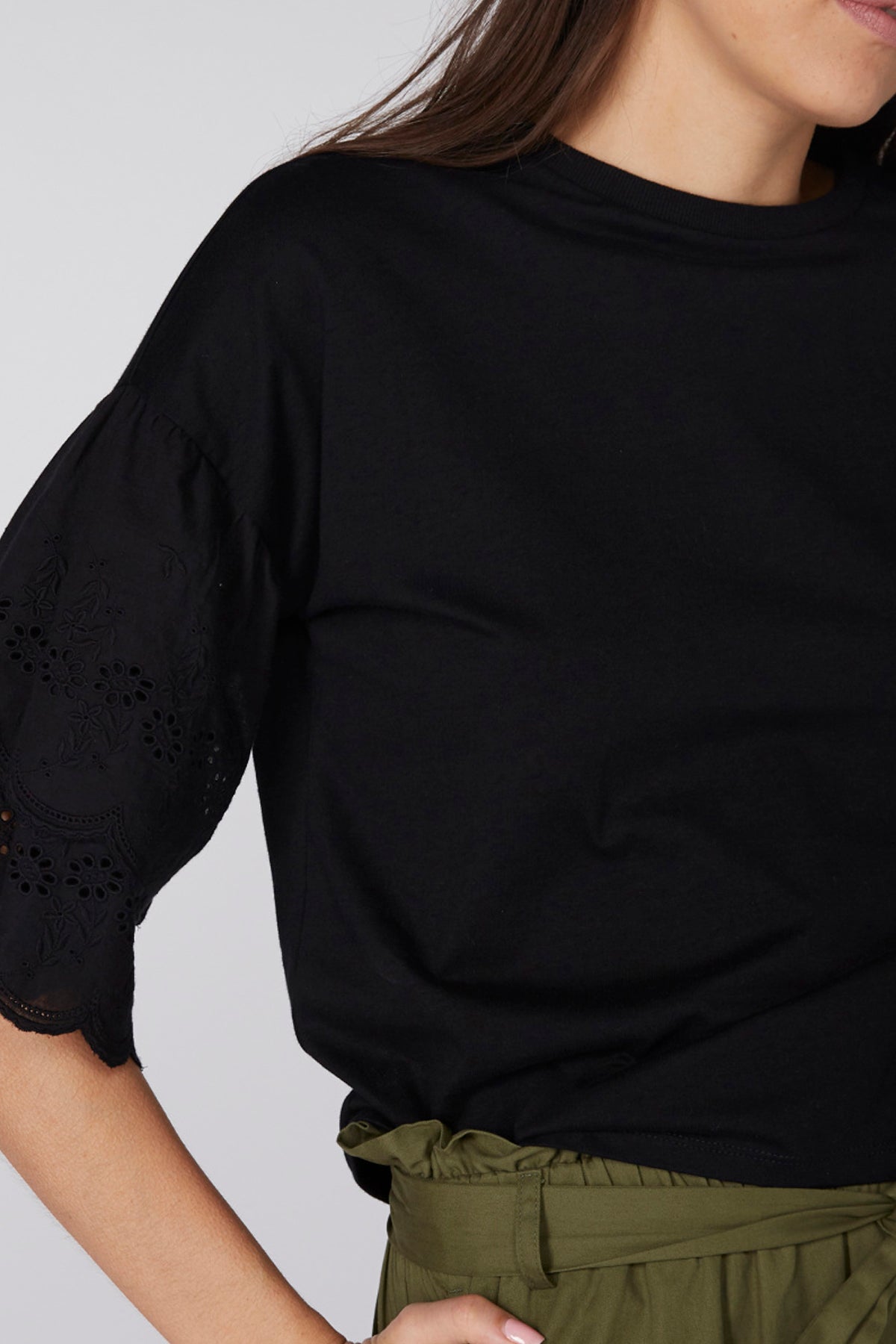 Round Neck Top with Layered Schiffli Sleeves