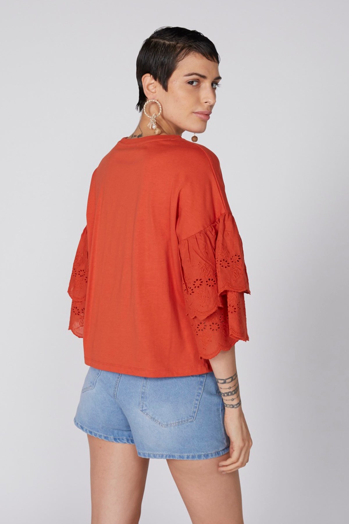 Round Neck Top with Schiffli Detail Tiered Sleeves