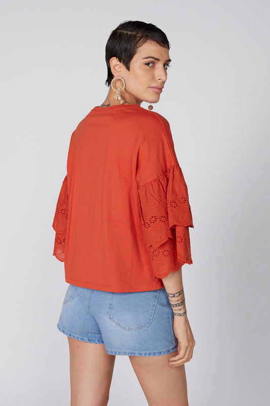 Round Neck Top with Schiffli Detail Tiered Sleeves