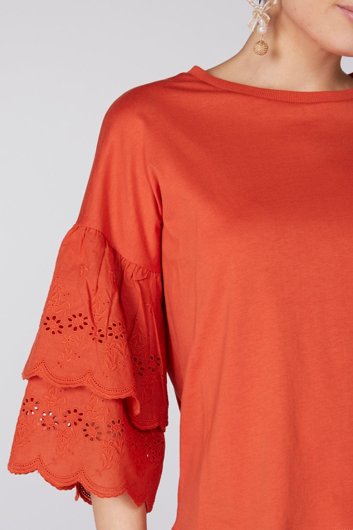 Round Neck Top with Schiffli Detail Tiered Sleeves