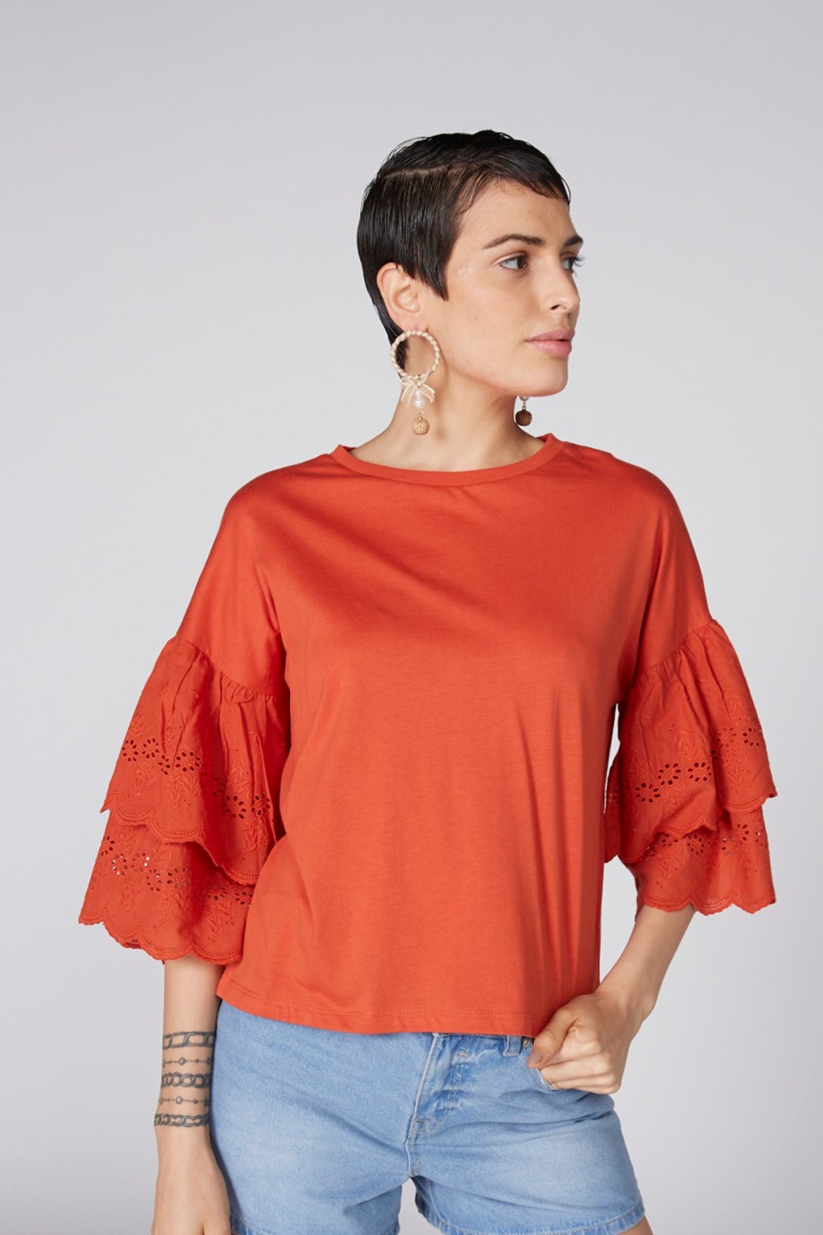 Round Neck Top with Schiffli Detail Tiered Sleeves