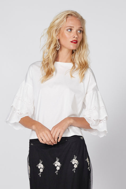 Schiffli Crop Top with Round Neck and Frill Sleeves