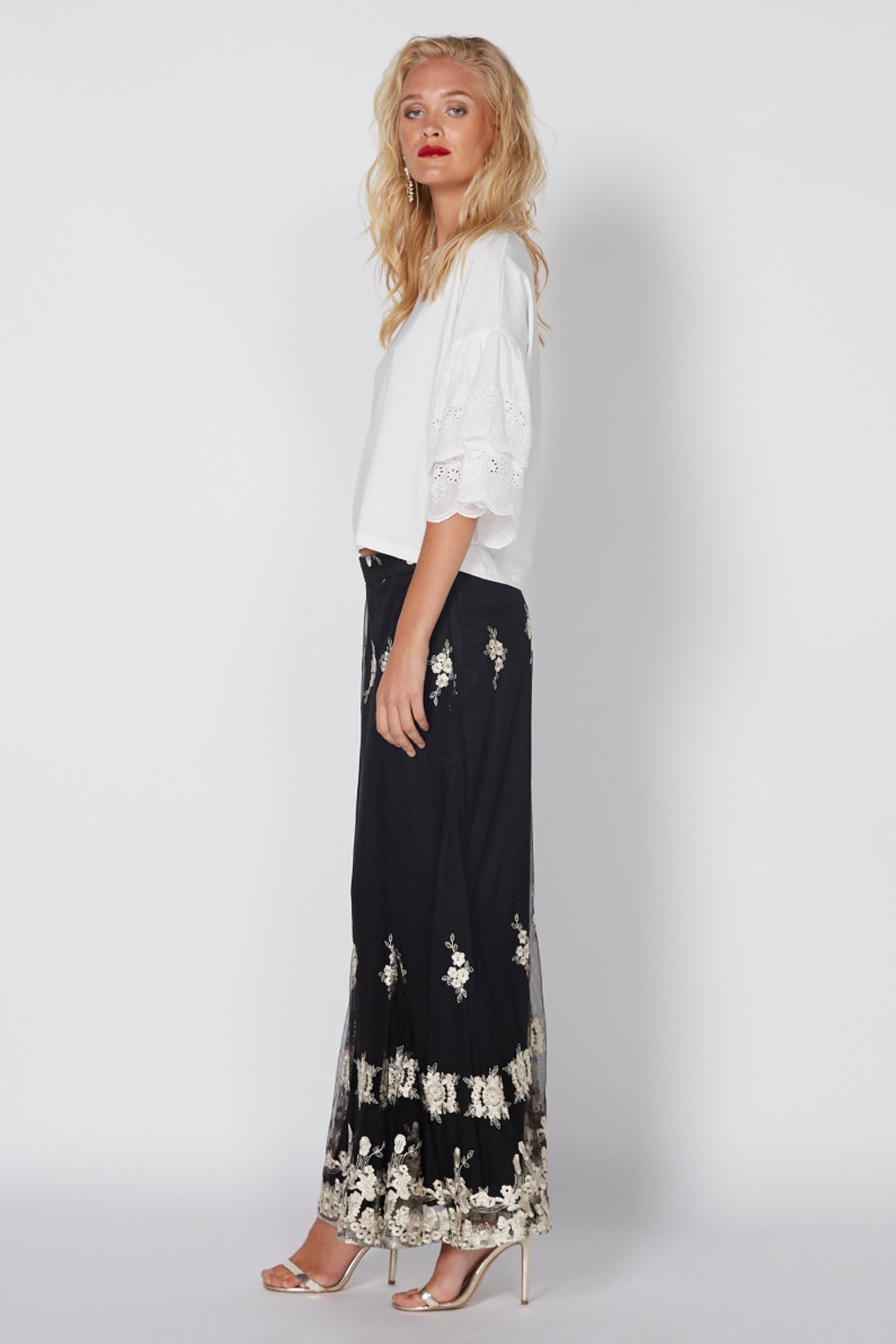 Schiffli Crop Top with Round Neck and Frill Sleeves