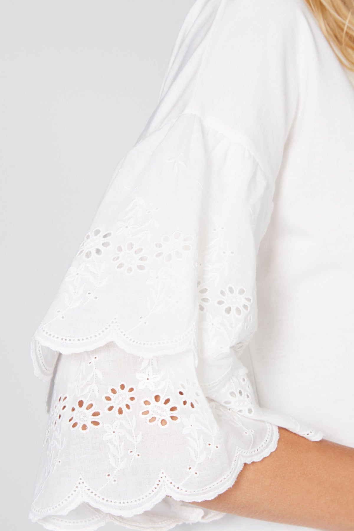 Schiffli Crop Top with Round Neck and Frill Sleeves