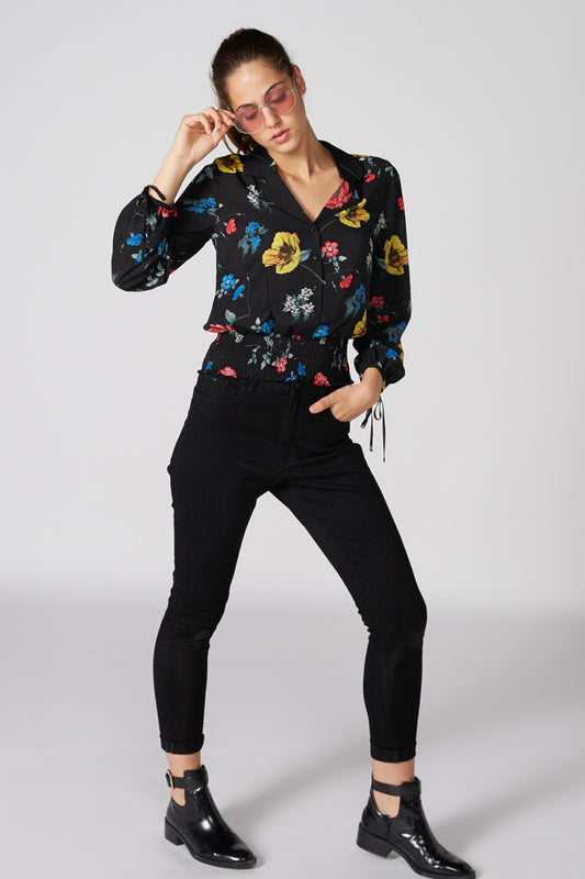 Printed Top with Long Sleeves and Smocking Detail