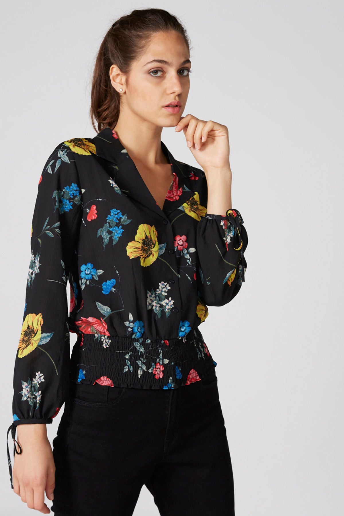 Printed Top with Long Sleeves and Smocking Detail