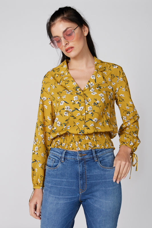 Printed Top with Long Sleeves and Smocking Detail
