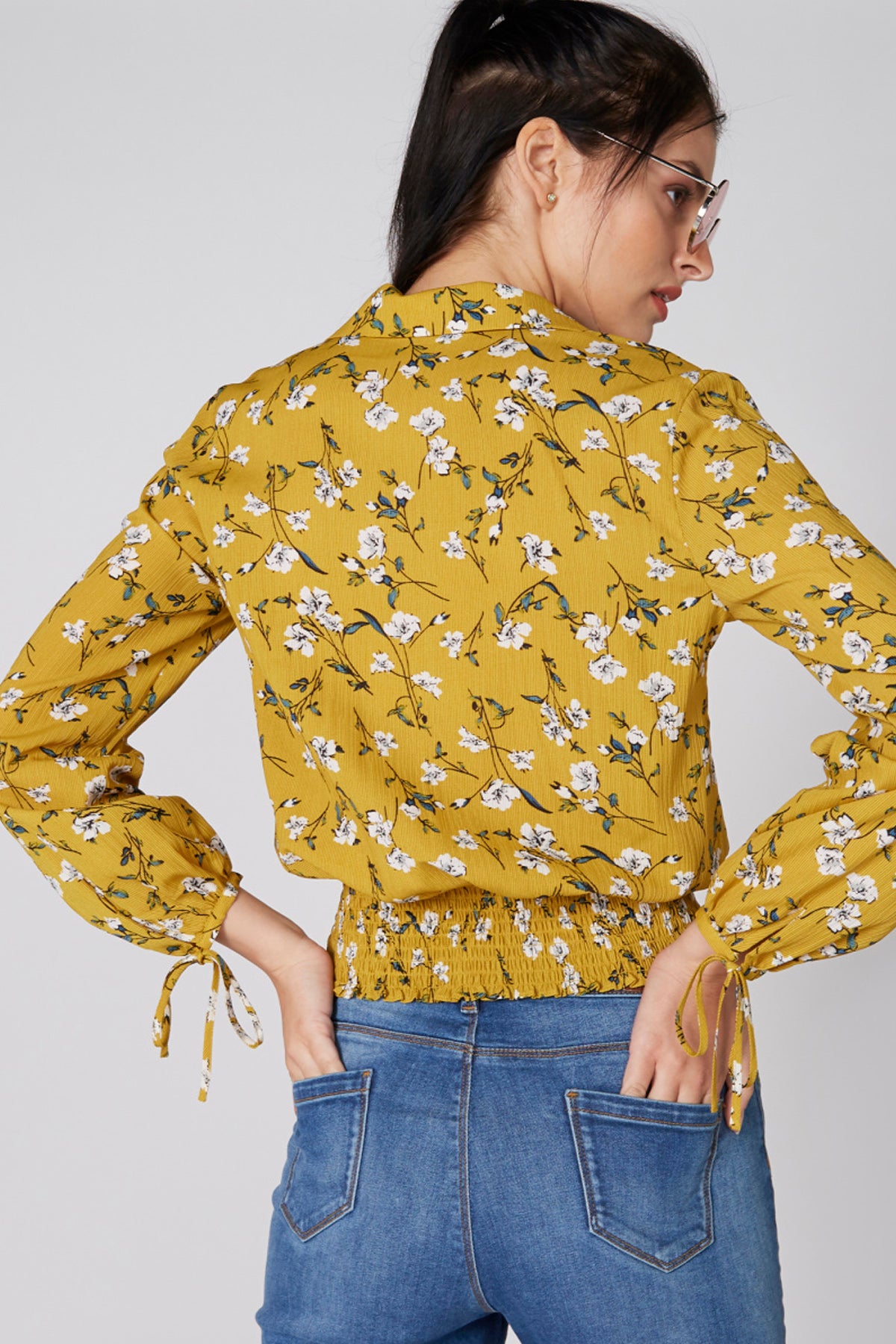 Printed Top with Long Sleeves and Smocking Detail