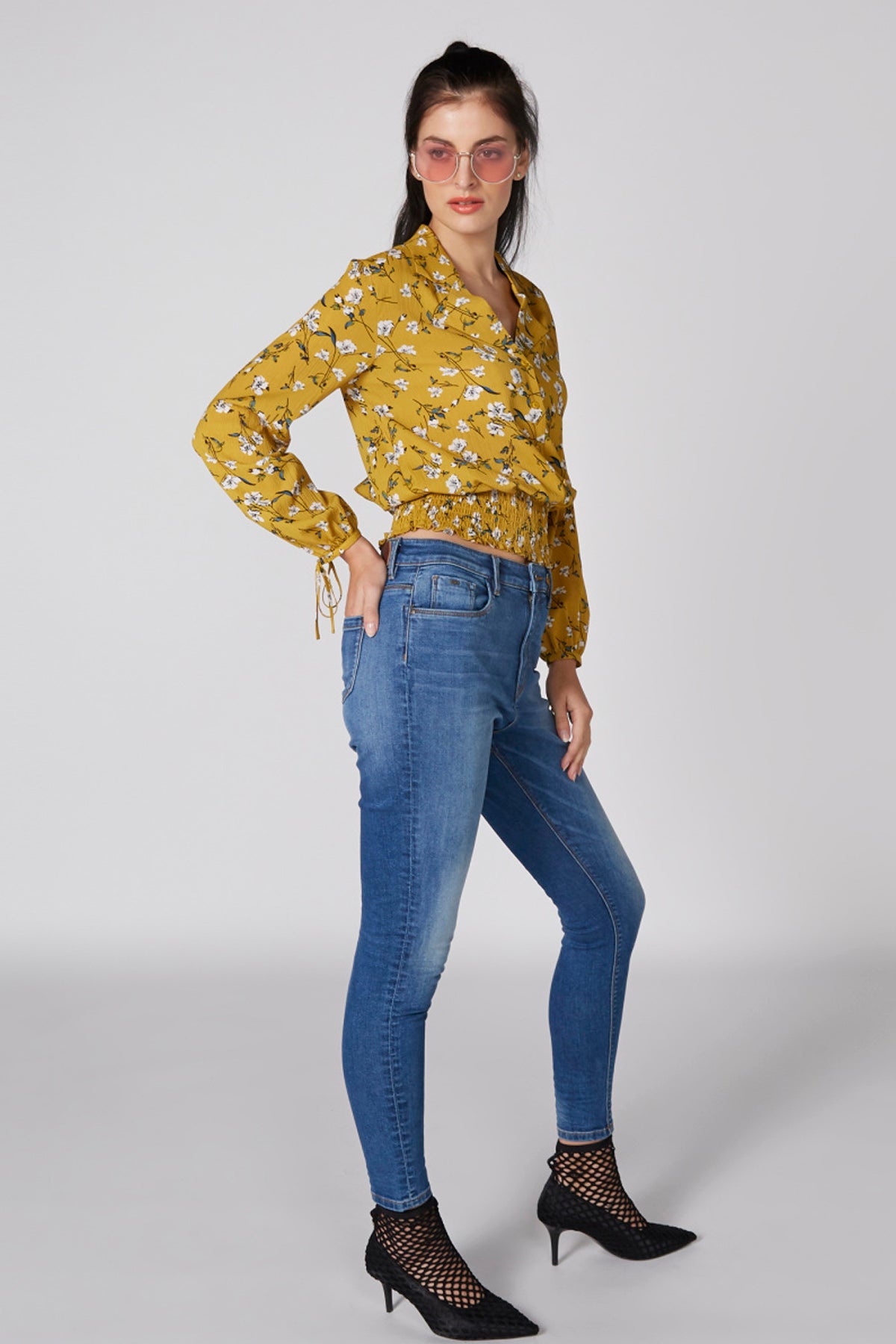 Printed Top with Long Sleeves and Smocking Detail