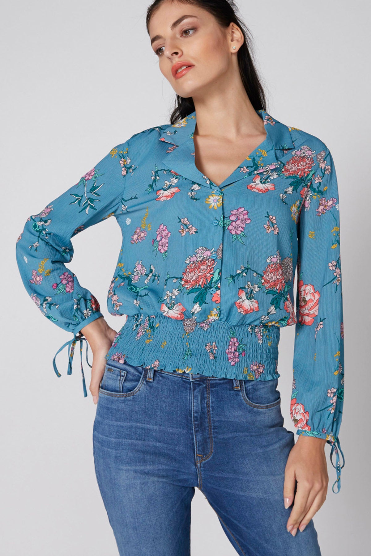 Printed Top with Long Sleeves and Smocking Detail