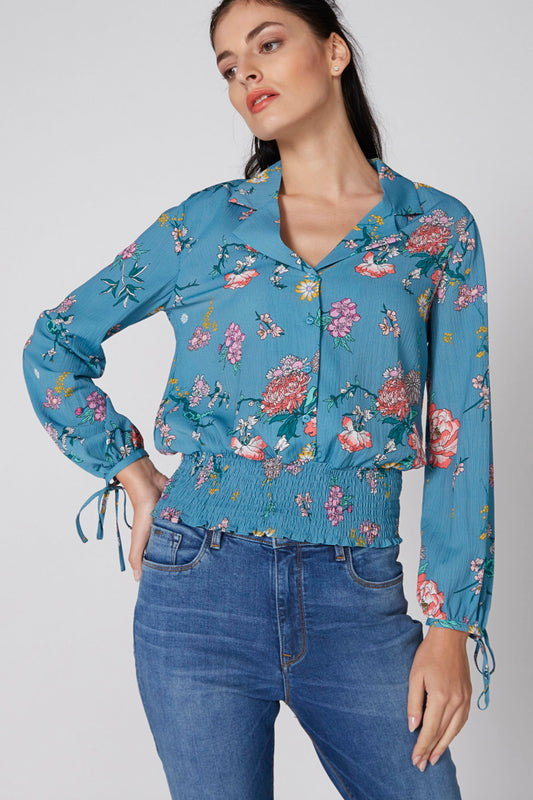 Printed Top with Long Sleeves and Smocking Detail