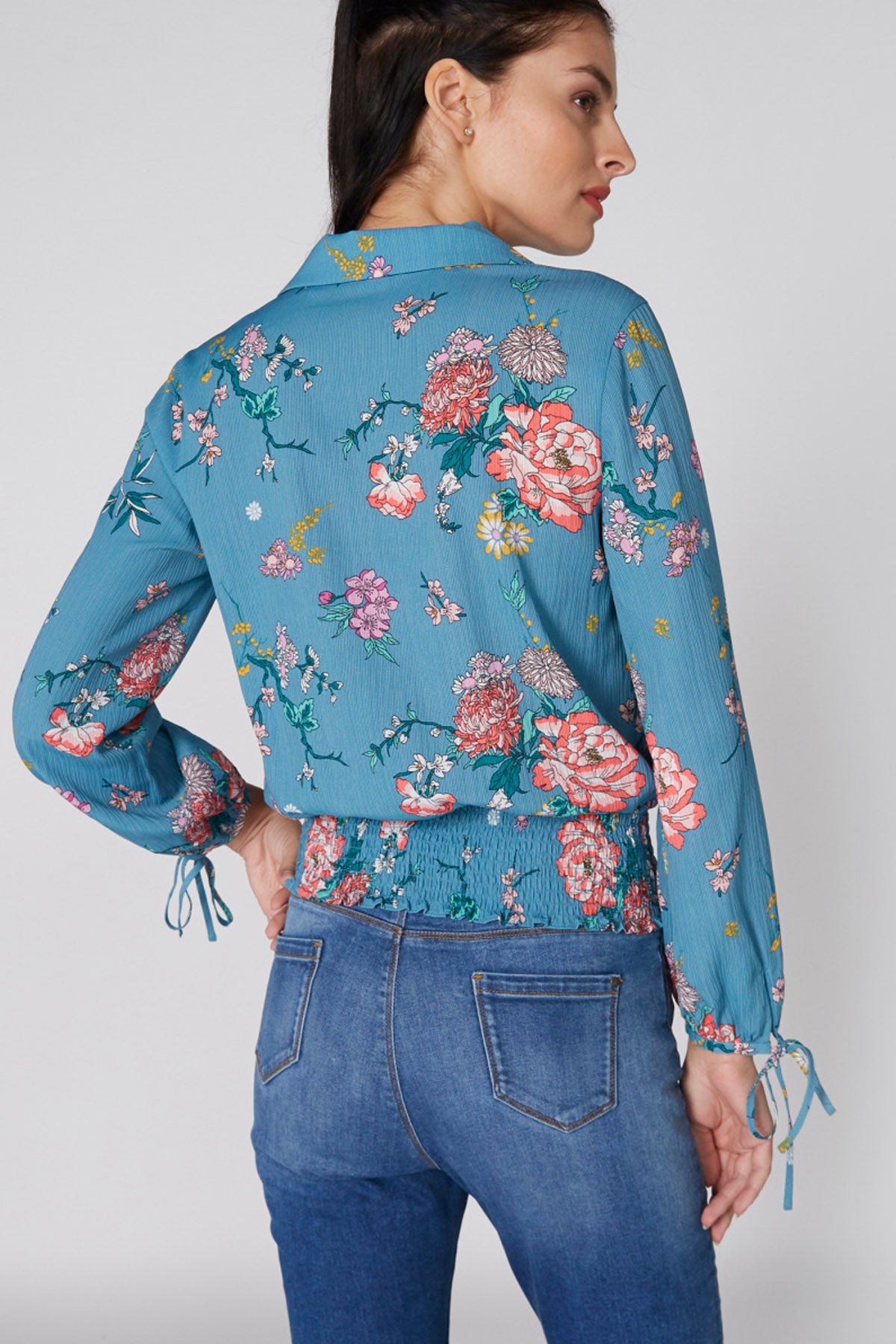 Printed Top with Long Sleeves and Smocking Detail