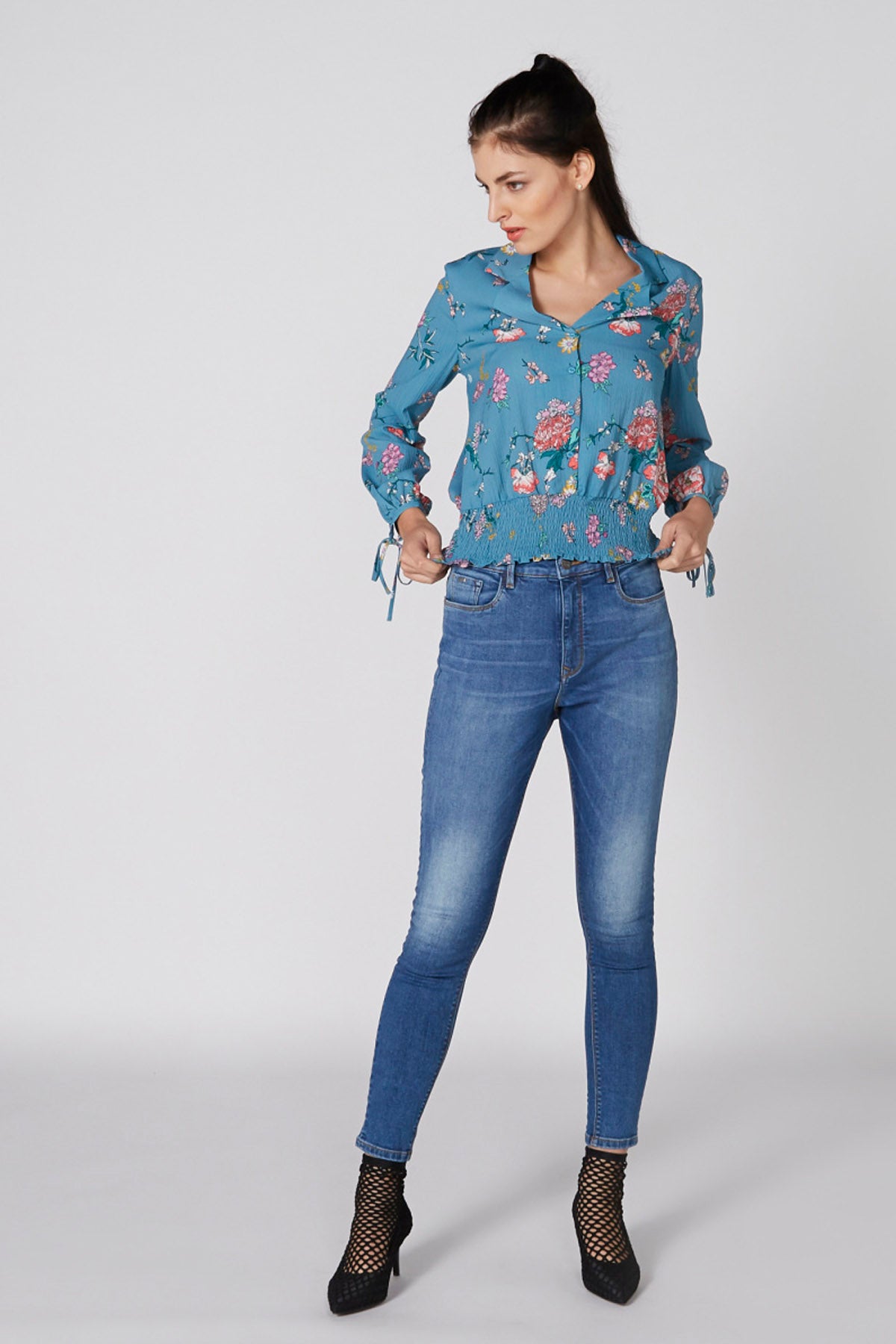 Printed Top with Long Sleeves and Smocking Detail