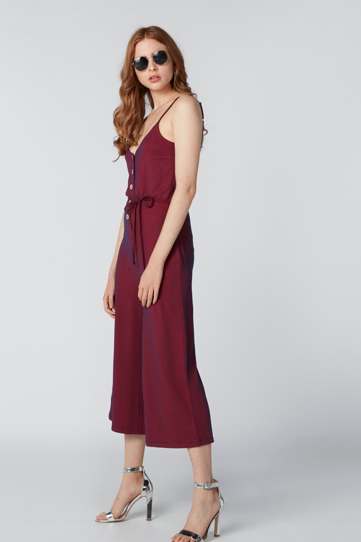 Striped Sleeveless Jumpsuit with Spaghetti Straps and Tie Up Belt