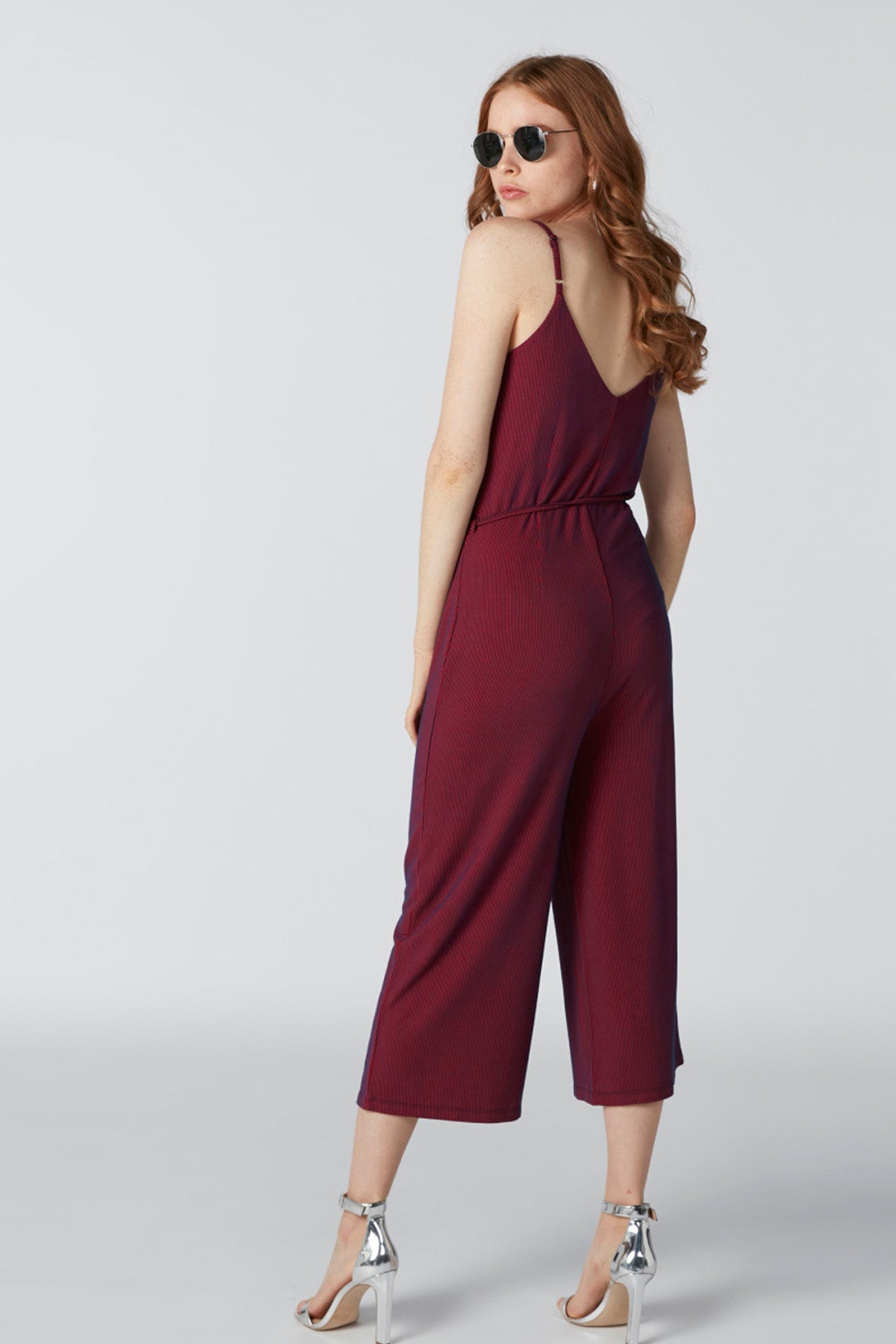 Striped Sleeveless Jumpsuit with Spaghetti Straps and Tie Up Belt