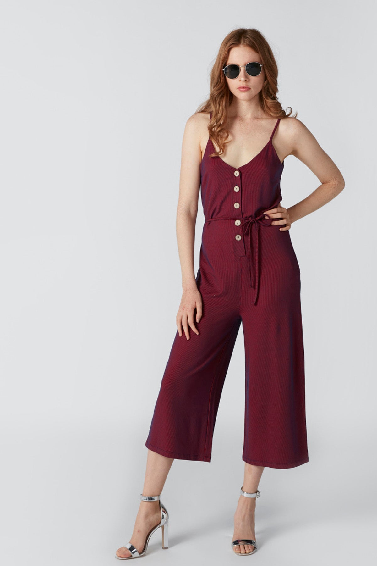Striped Sleeveless Jumpsuit with Spaghetti Straps and Tie Up Belt