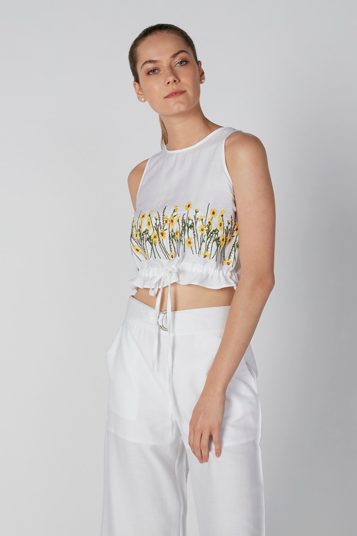 Embroidered Sleeveless Crop Top with Tie Ups