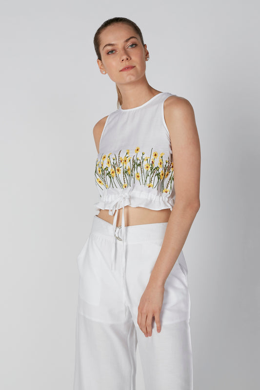 Embroidered Sleeveless Crop Top with Tie Ups