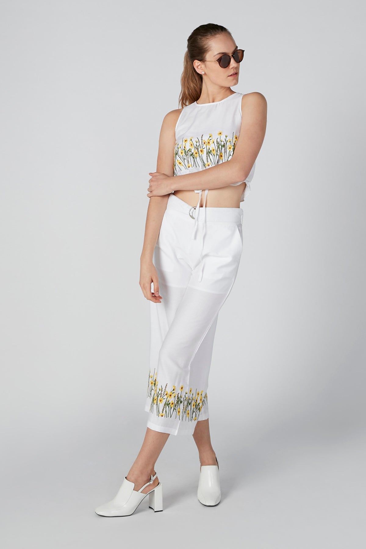 Embroidered Sleeveless Crop Top with Tie Ups