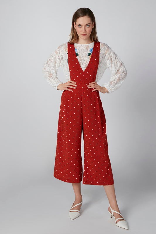 Polka Dot Printed Sleeveless Jumpsuit with V-neck
