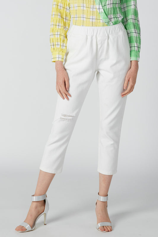 Cropped High-Rise Distressed Pants with Pocket Detail