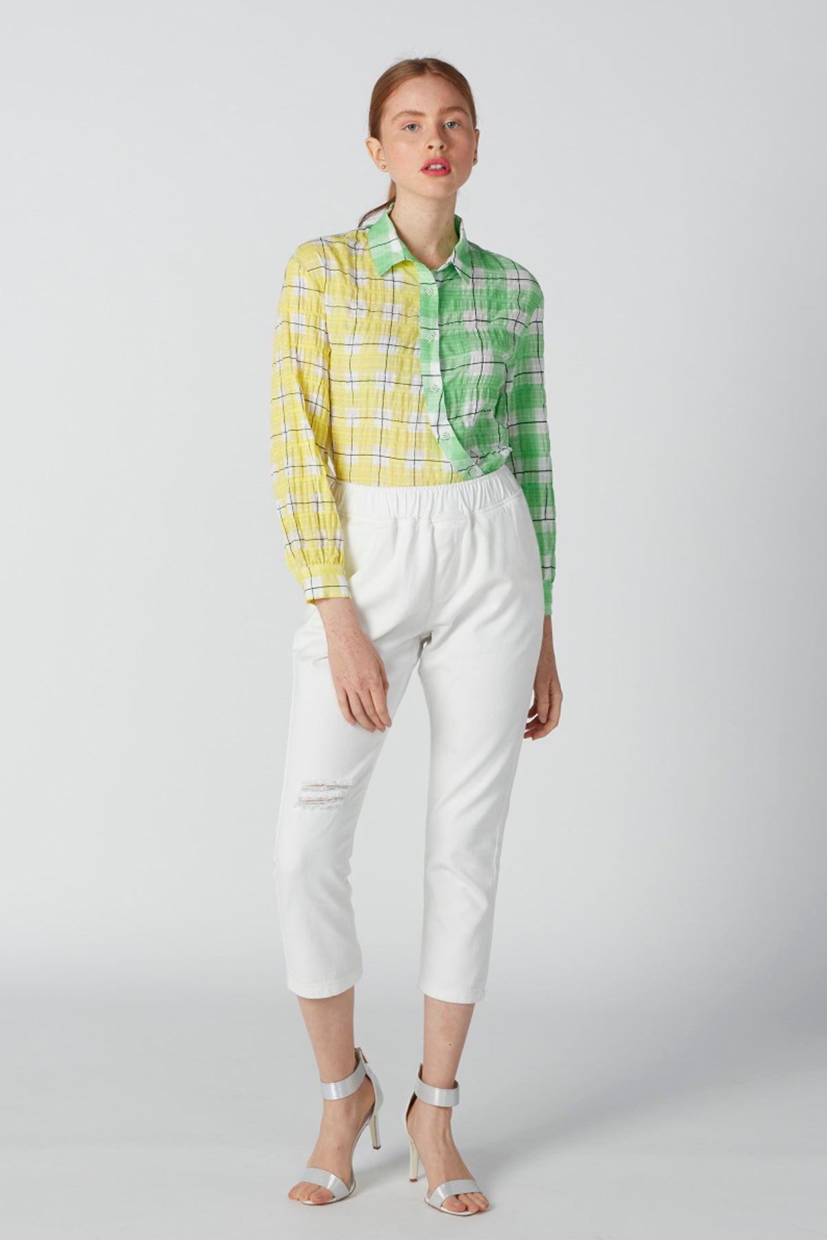 Cropped High-Rise Distressed Pants with Pocket Detail