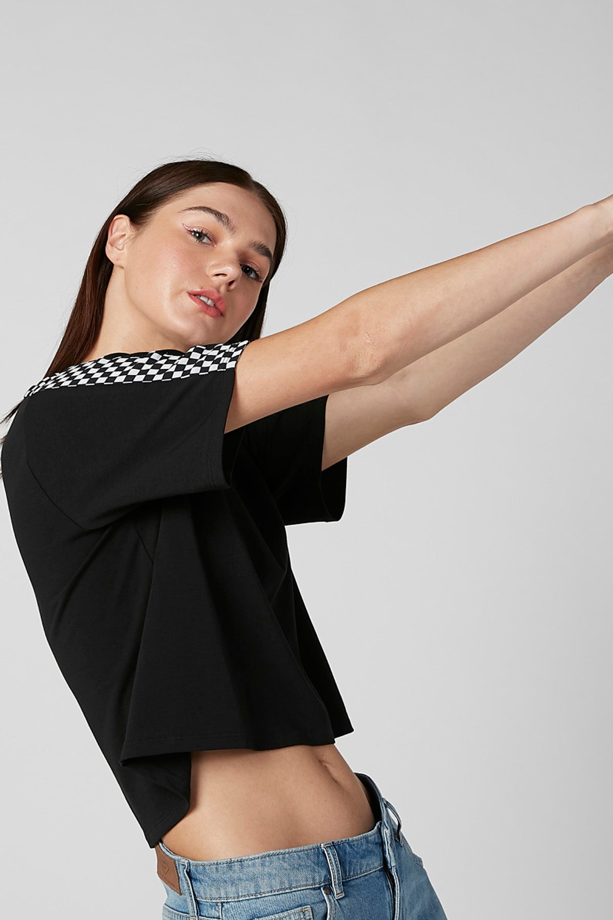 Chequered Tape Detail Crop Top with Round Neck and Short Sleeves