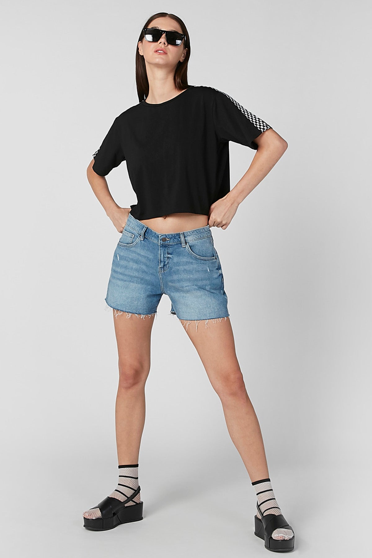 Chequered Tape Detail Crop Top with Round Neck and Short Sleeves