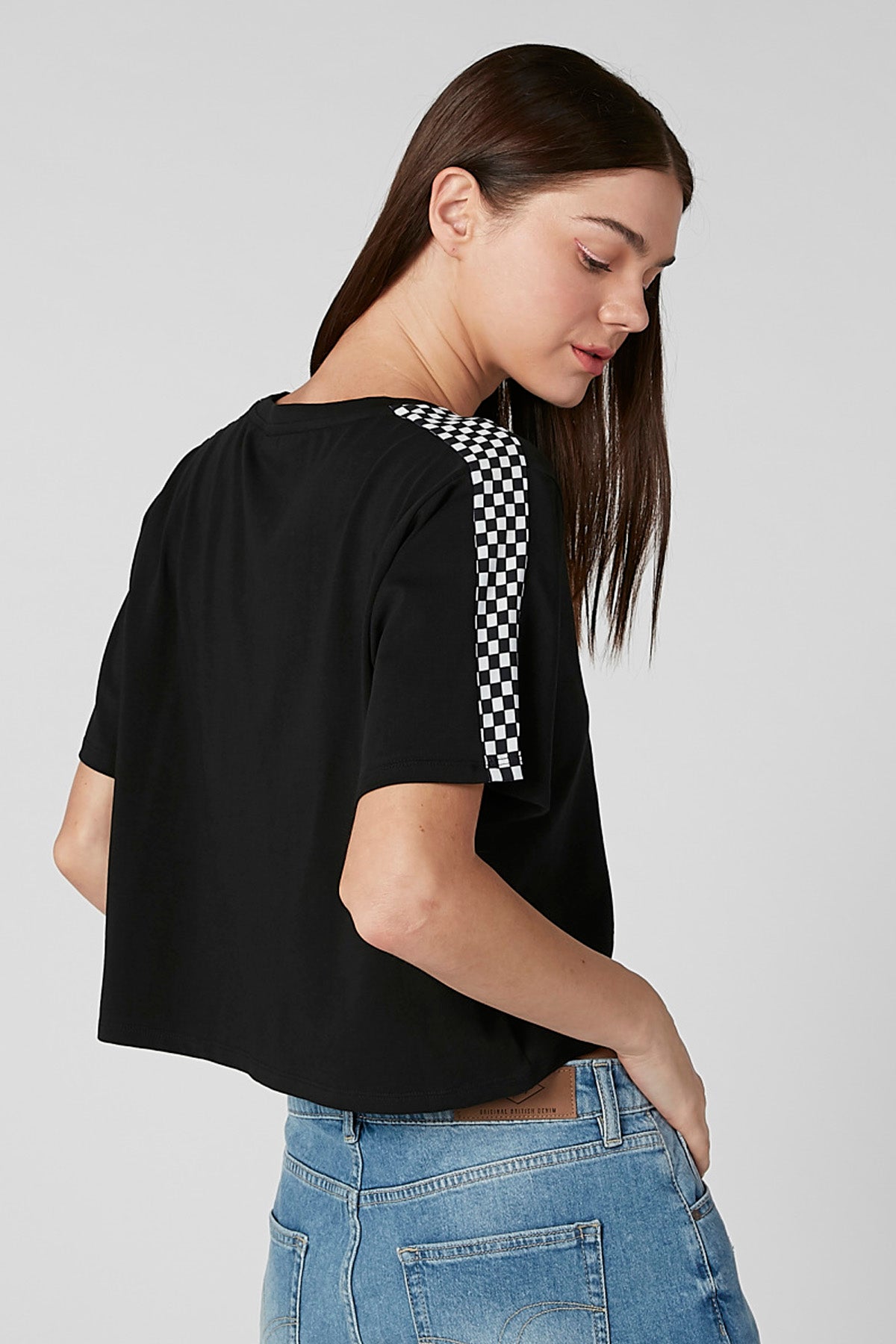 Chequered Tape Detail Crop Top with Round Neck and Short Sleeves