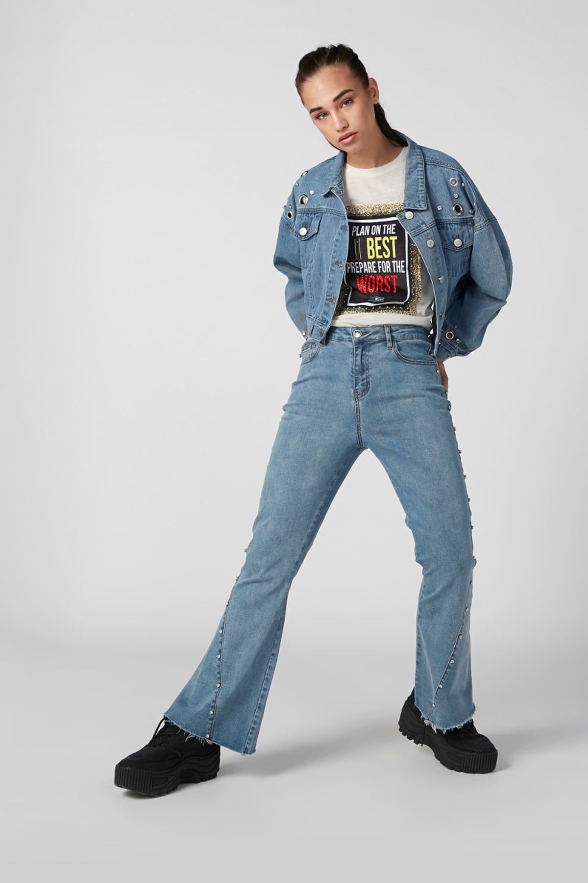 Embellished Denim Jacket with Long Sleeves and Flap Chest Pockets