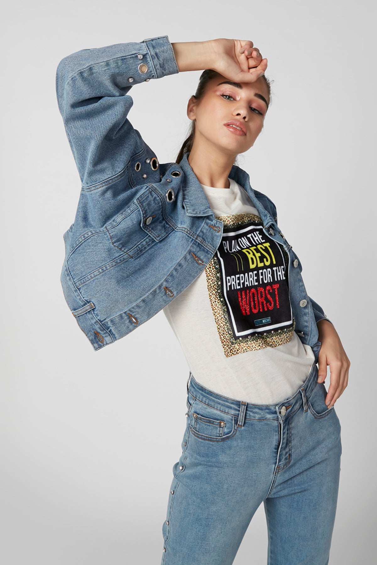 Embellished Denim Jacket with Long Sleeves and Flap Chest Pockets