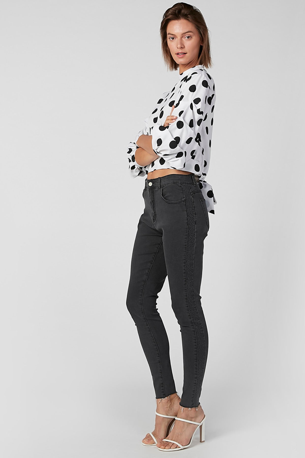Polka Dot Crop Printed Top with High Neck and Ruffle Detail