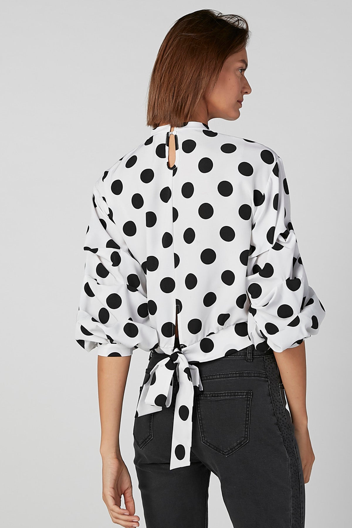 Polka Dot Crop Printed Top with High Neck and Ruffle Detail