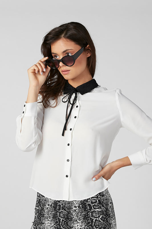Woven Shirt with Lace Detail Tie-Up Collar and Long Sleeves