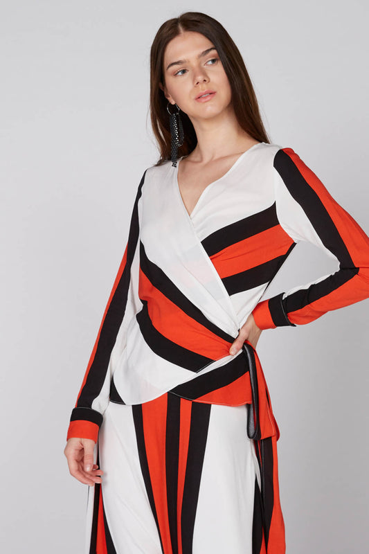 Striped Top with V-Neck and Long Sleeves