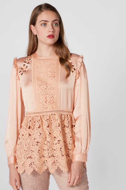 Eyelet and Lace Detail Top with Round Neck and Long Sleeves