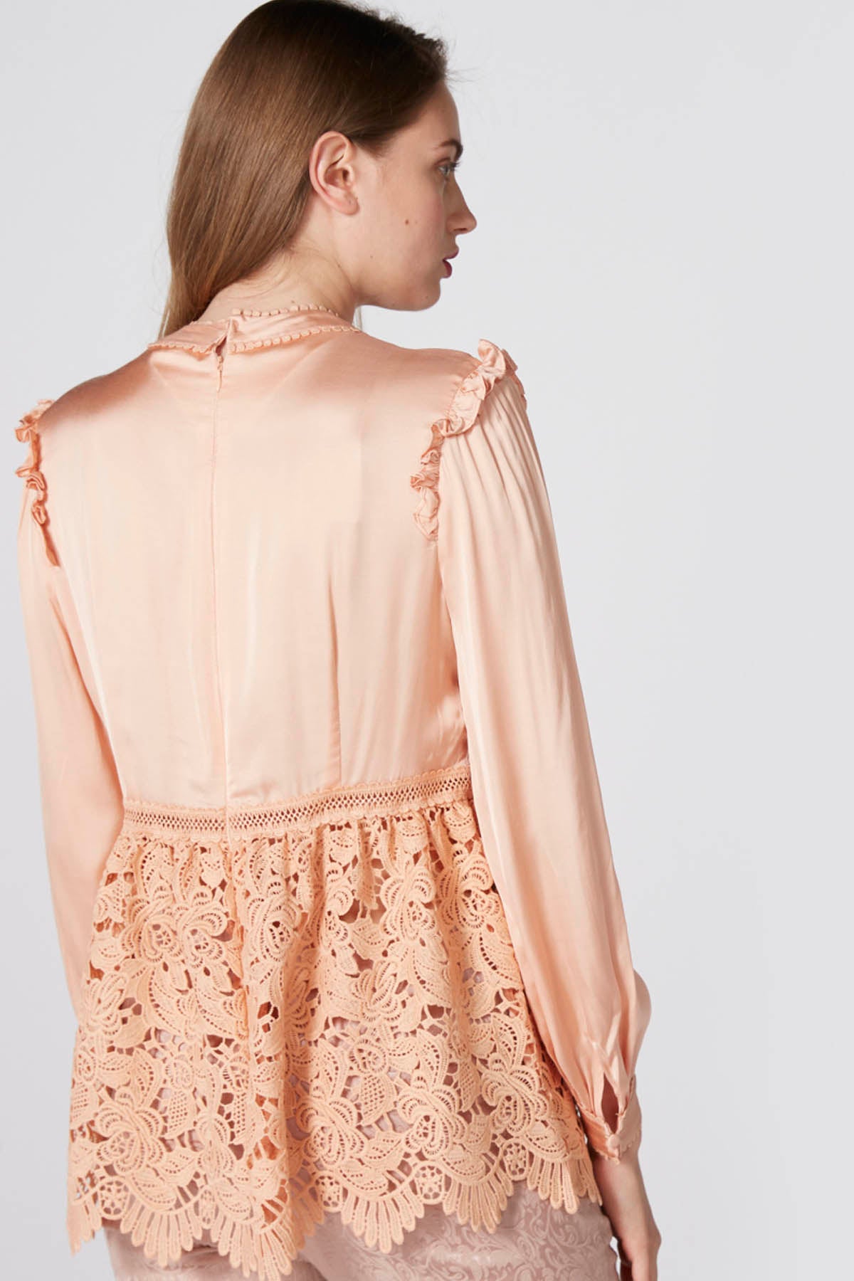 Eyelet and Lace Detail Top with Round Neck and Long Sleeves