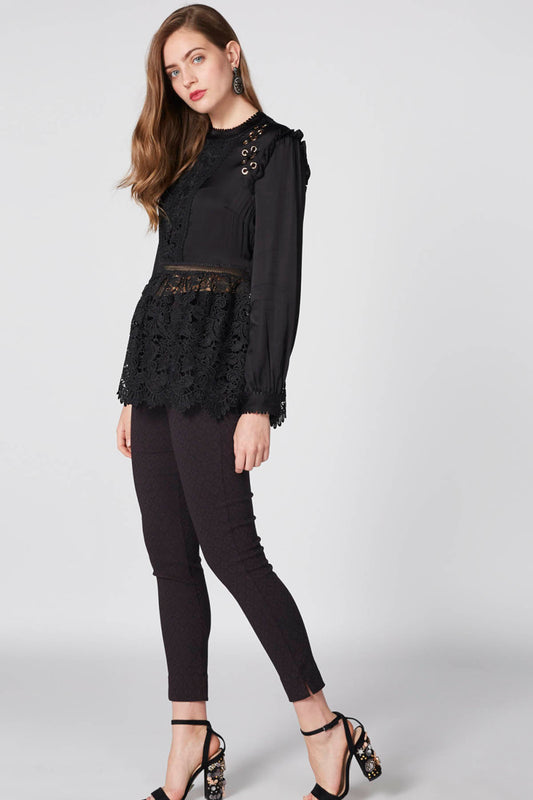 Lace Detail Top with Round Neck and Long Sleeves