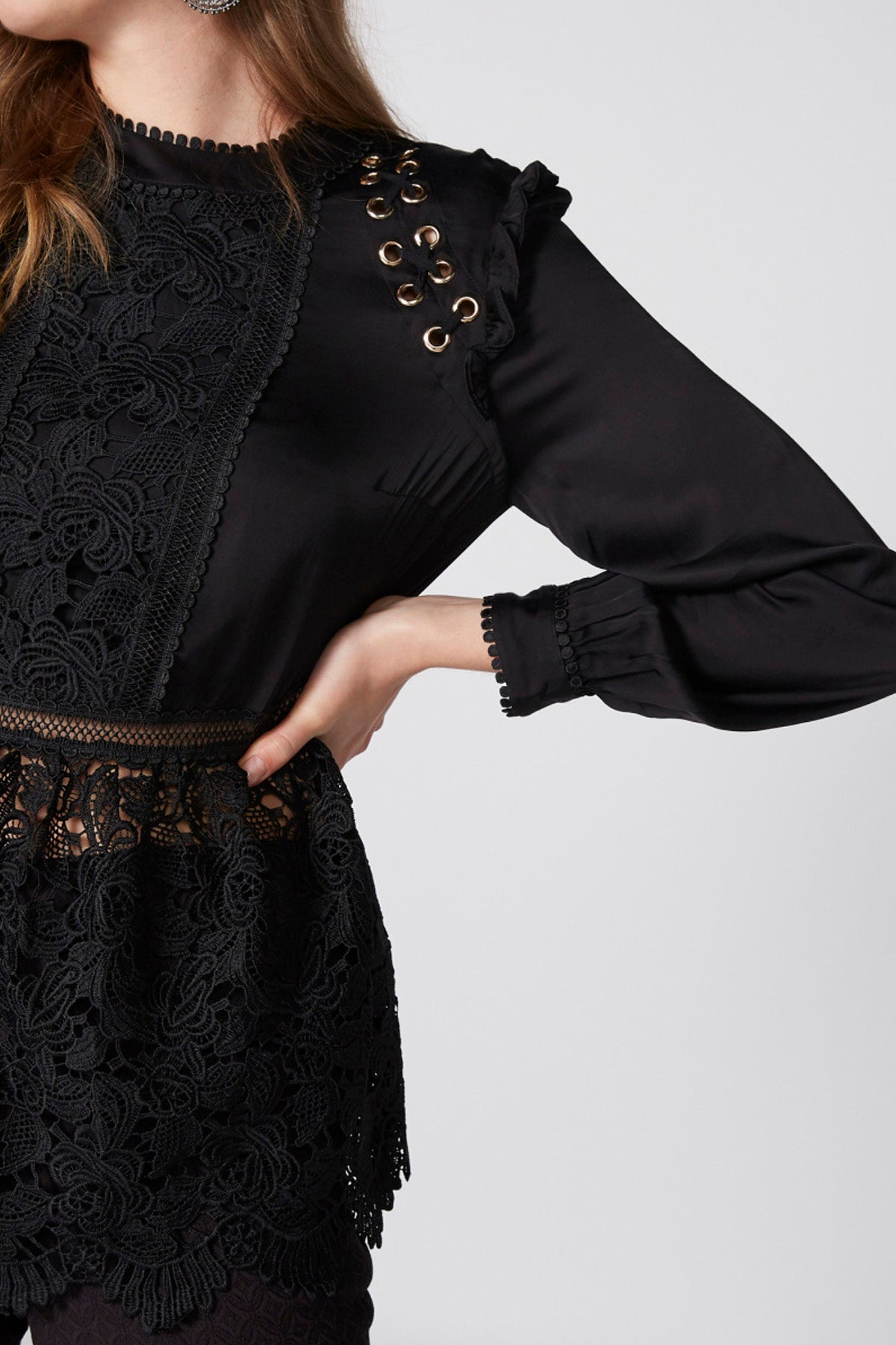 Lace Detail Top with Round Neck and Long Sleeves