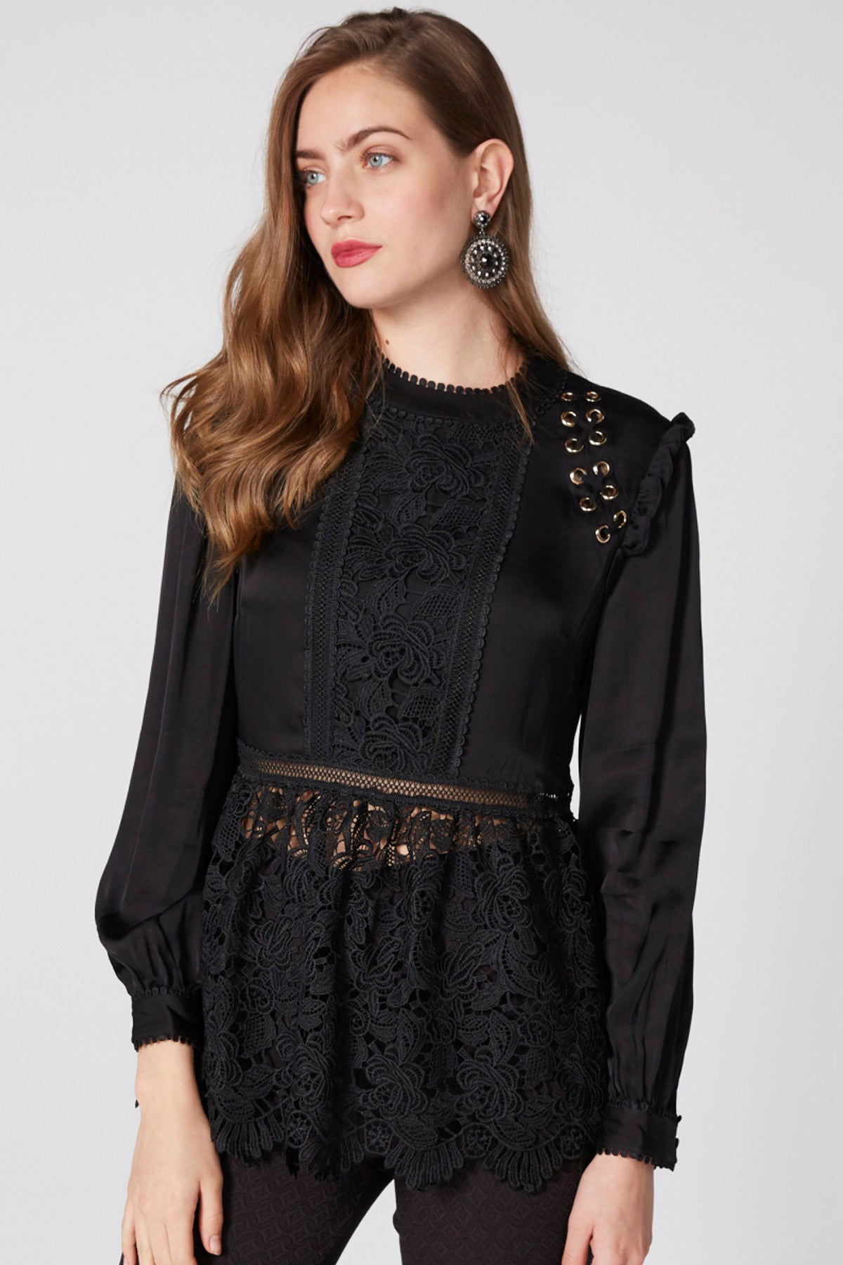 Lace Detail Top with Round Neck and Long Sleeves