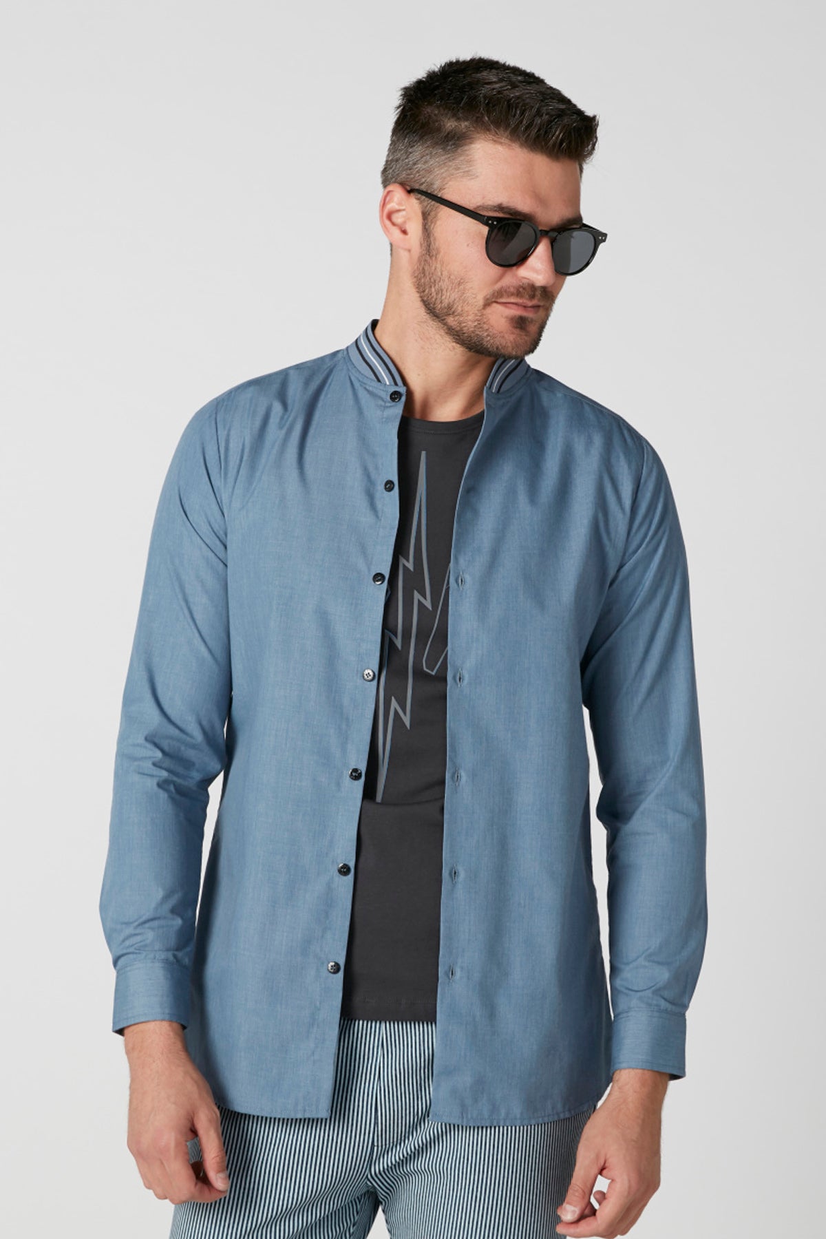 Mandarin Collar Shirt in Slim Fit with Long Sleeves