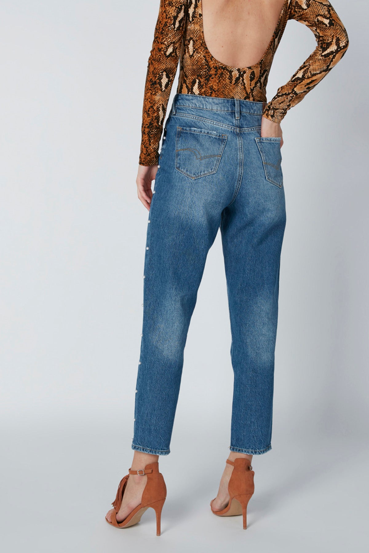 Distressed Mom Jeans with Pearl Detail and Pockets