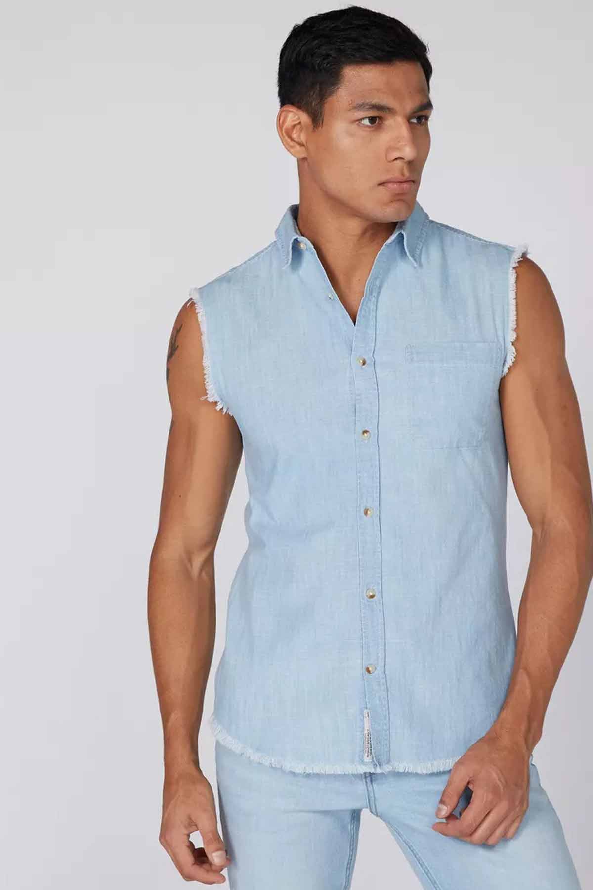 Sleeveless Denim Shirt with Detachable Hood