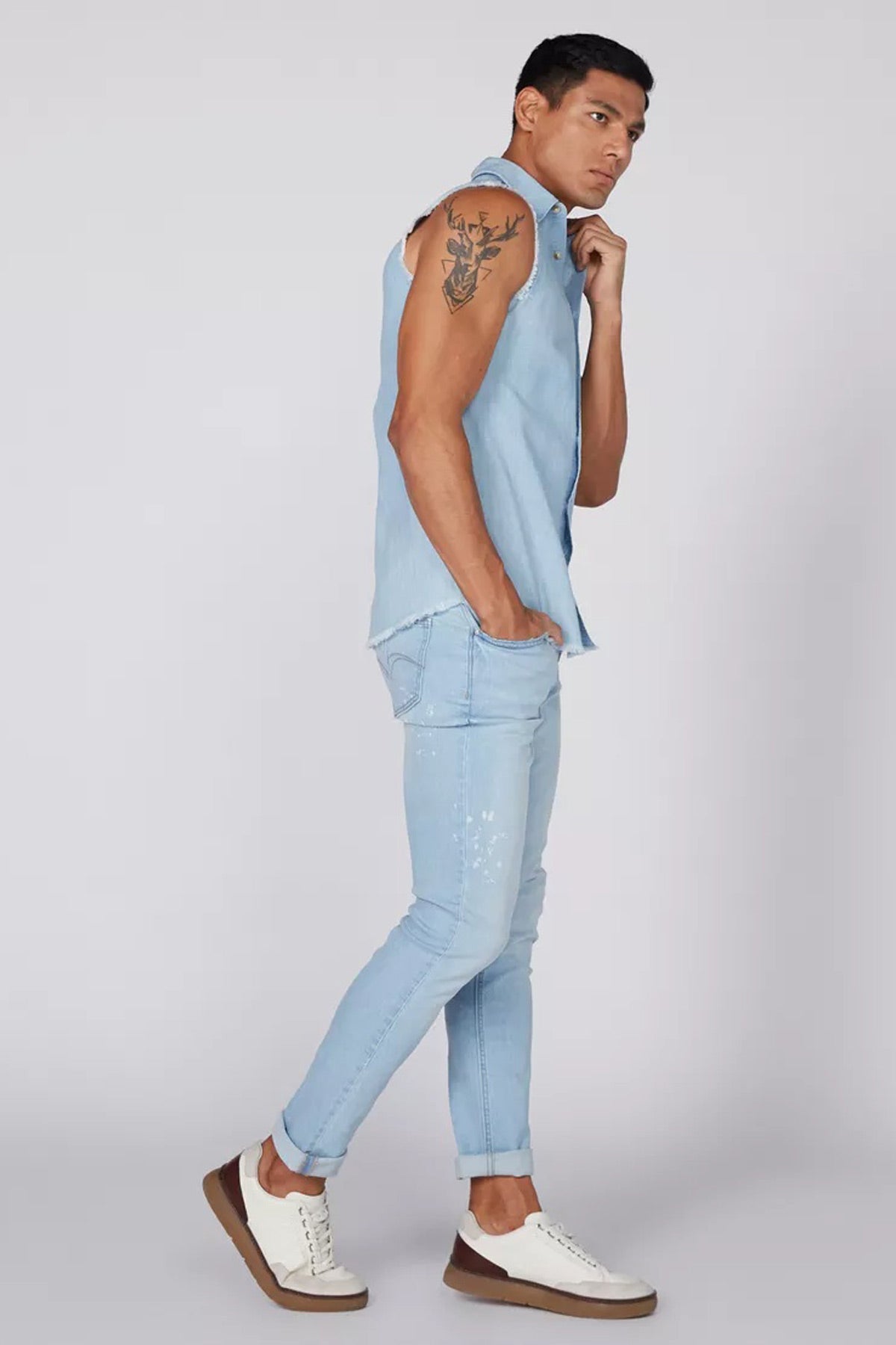 Sleeveless Denim Shirt with Detachable Hood