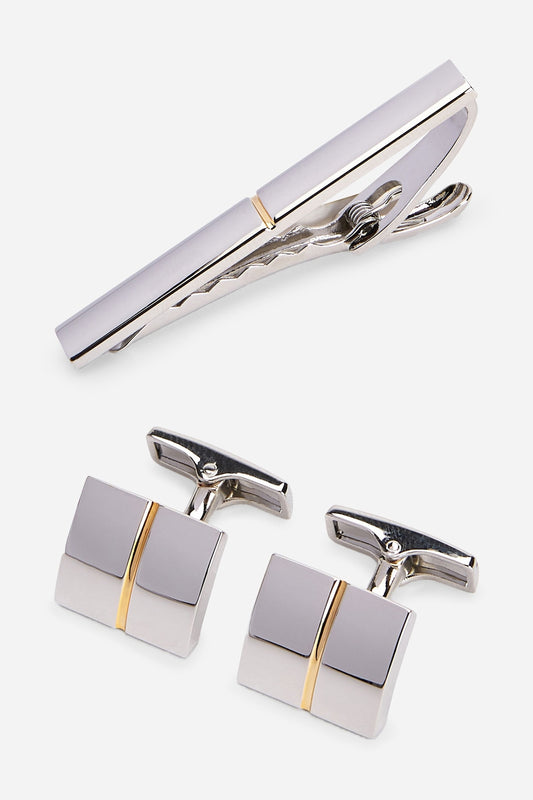 Silver/Gold Cufflink And Tie Clip Set