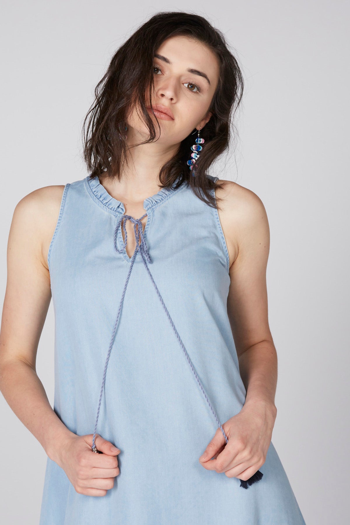 Embroidered Midi Dress with Tie Up Detail and Tassels