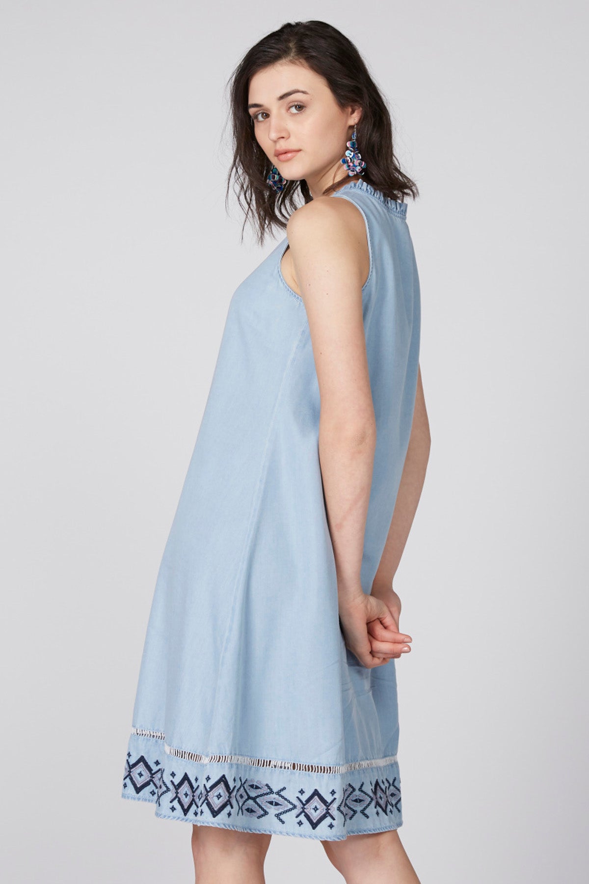 Embroidered Midi Dress with Tie Up Detail and Tassels