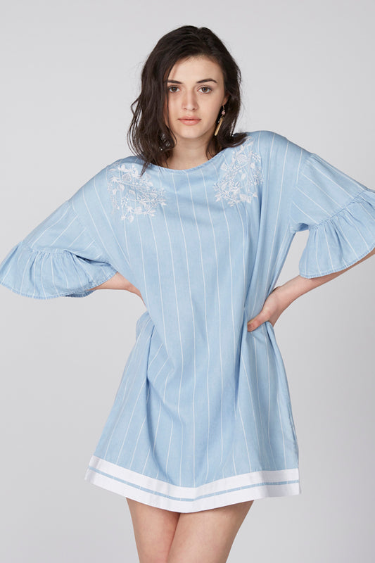 Embroidered Denim Mini Dress with Stripes and Short Sleeves