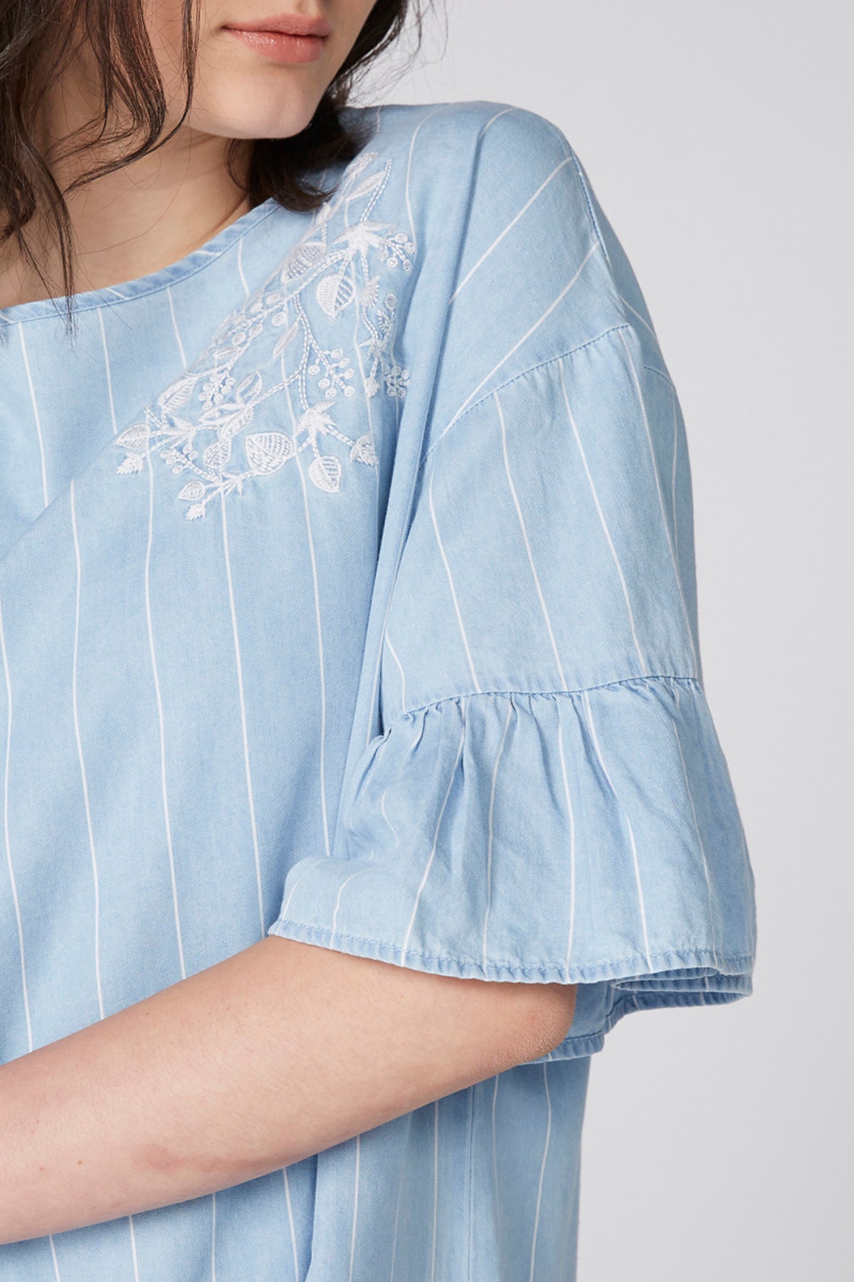 Embroidered Denim Mini Dress with Stripes and Short Sleeves